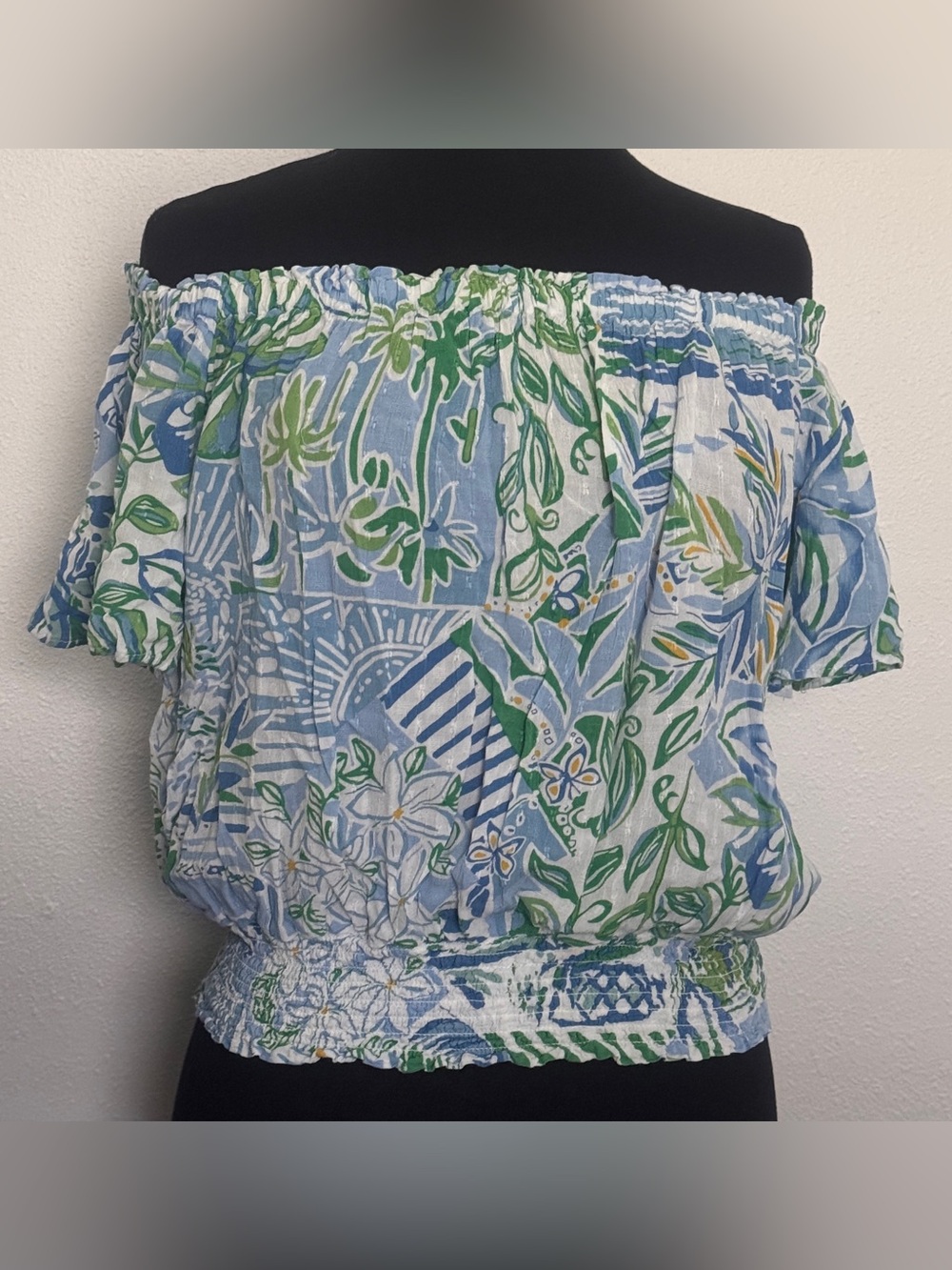 Blue Green Tropical Floral Off Shoulder Smocked Rayon Top Small